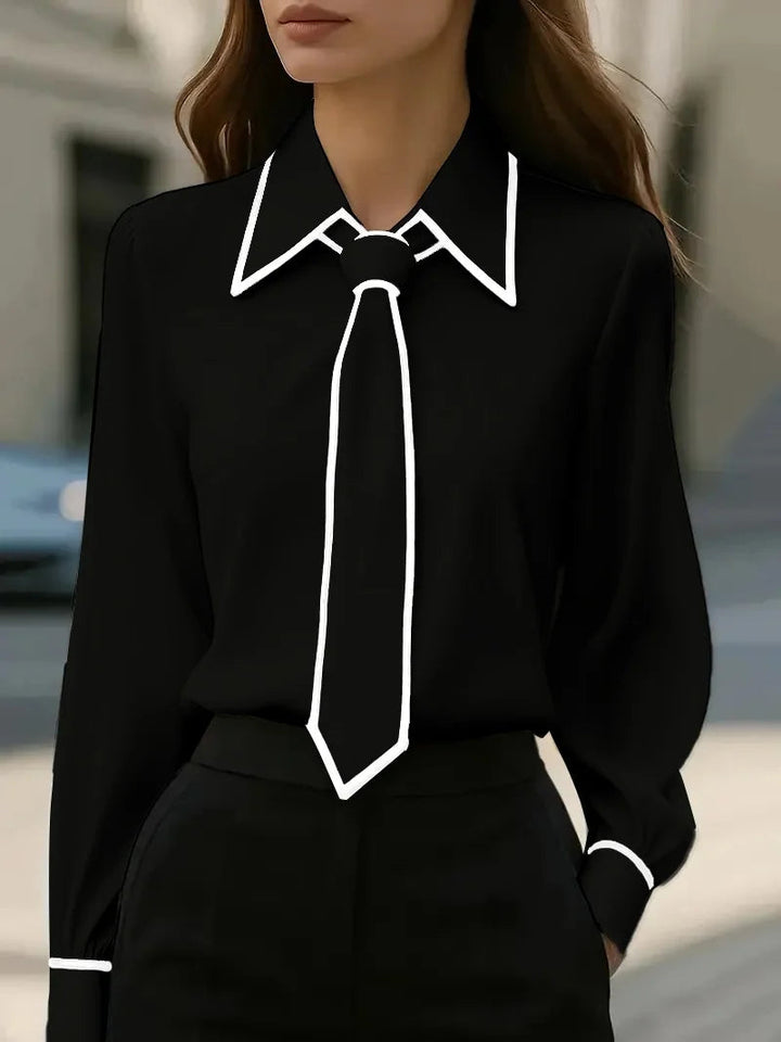 Blusa da donna con maniche lunghe, collo annodato e colletto a contrasto