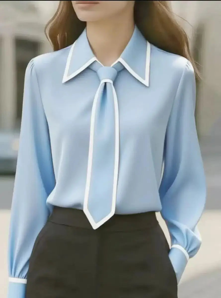 Blusa da donna con maniche lunghe, collo annodato e colletto a contrasto