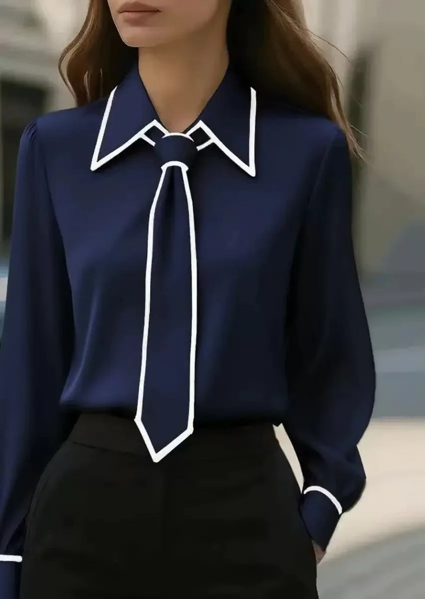 Blusa da donna con maniche lunghe, collo annodato e colletto a contrasto