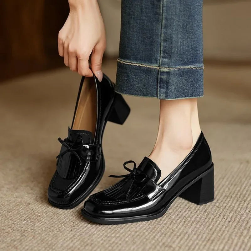 Vivienne | Women's Tassel Loafer Pumps Block Heel Round Toe Heels 1