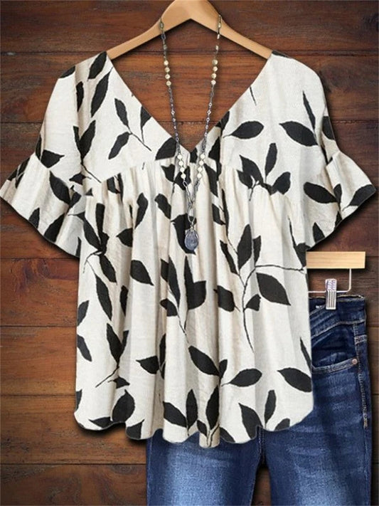 Women's Leaf Print V-Neck Ruffle Short Sleeve Blouse