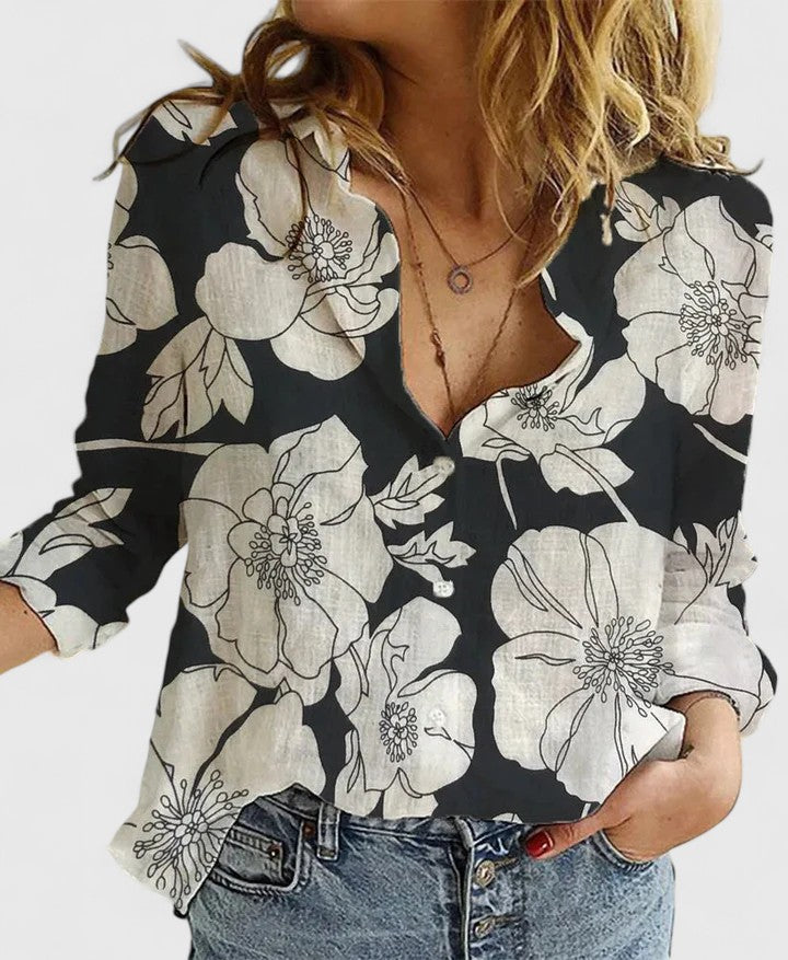 Women's Floral V-Neck Long Sleeve Blouse