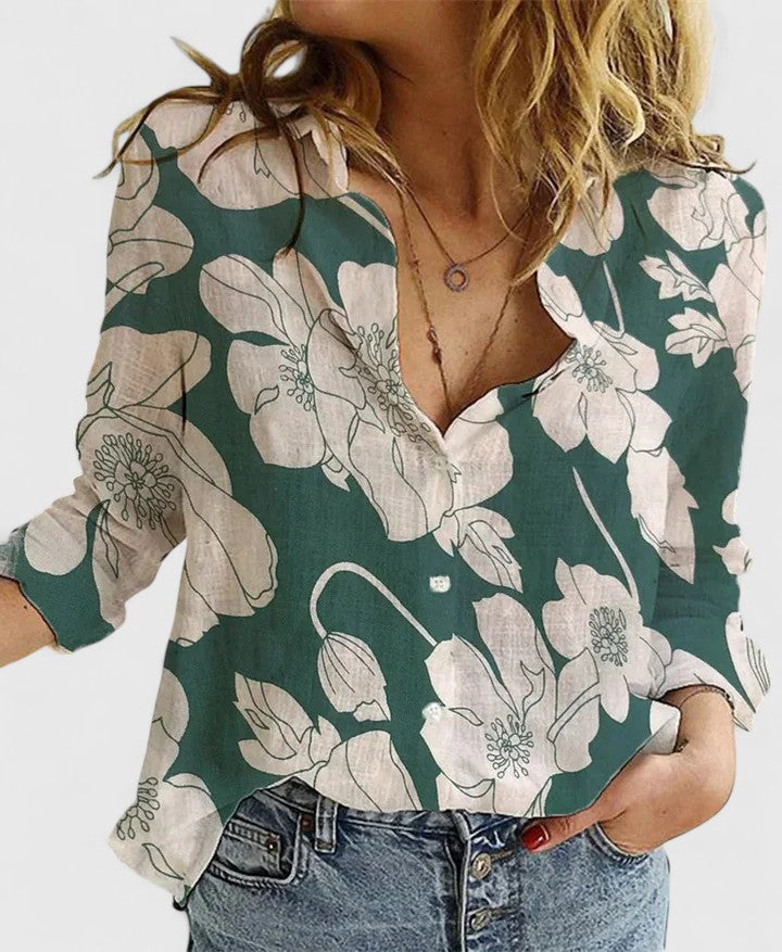 Women's Floral V-Neck Long Sleeve Blouse