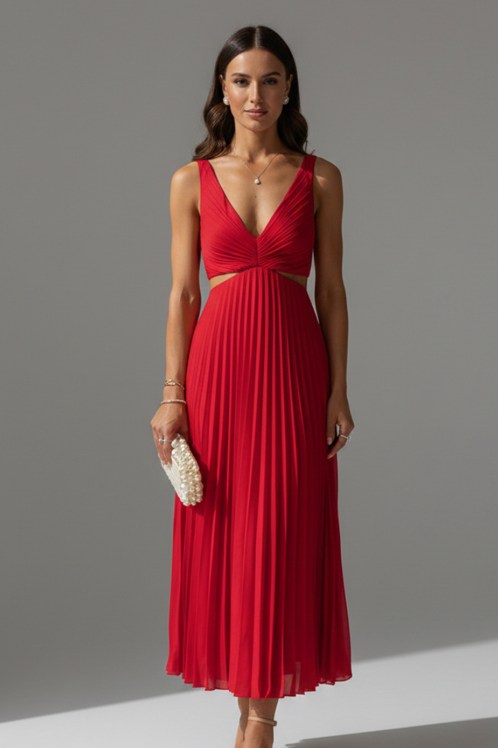 Women's Pleated Sleeveless V-Neck Dress