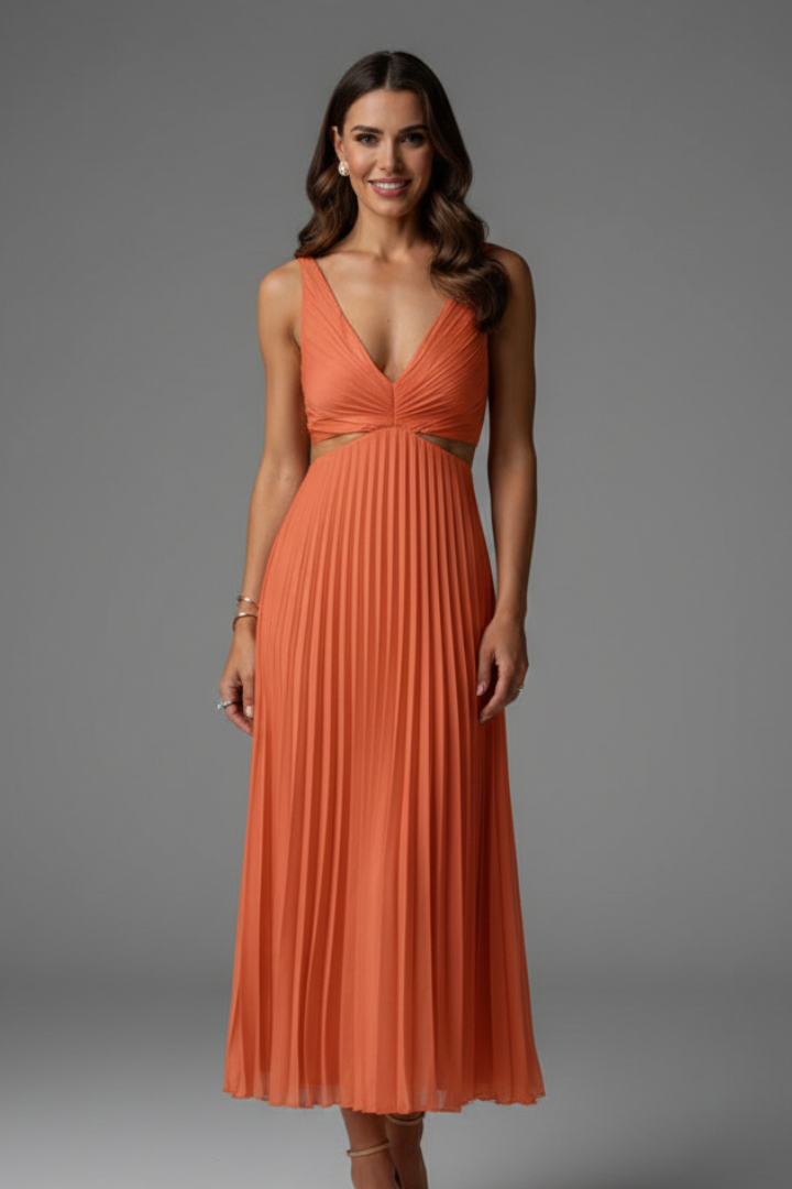 Women's Pleated Sleeveless V-Neck Dress