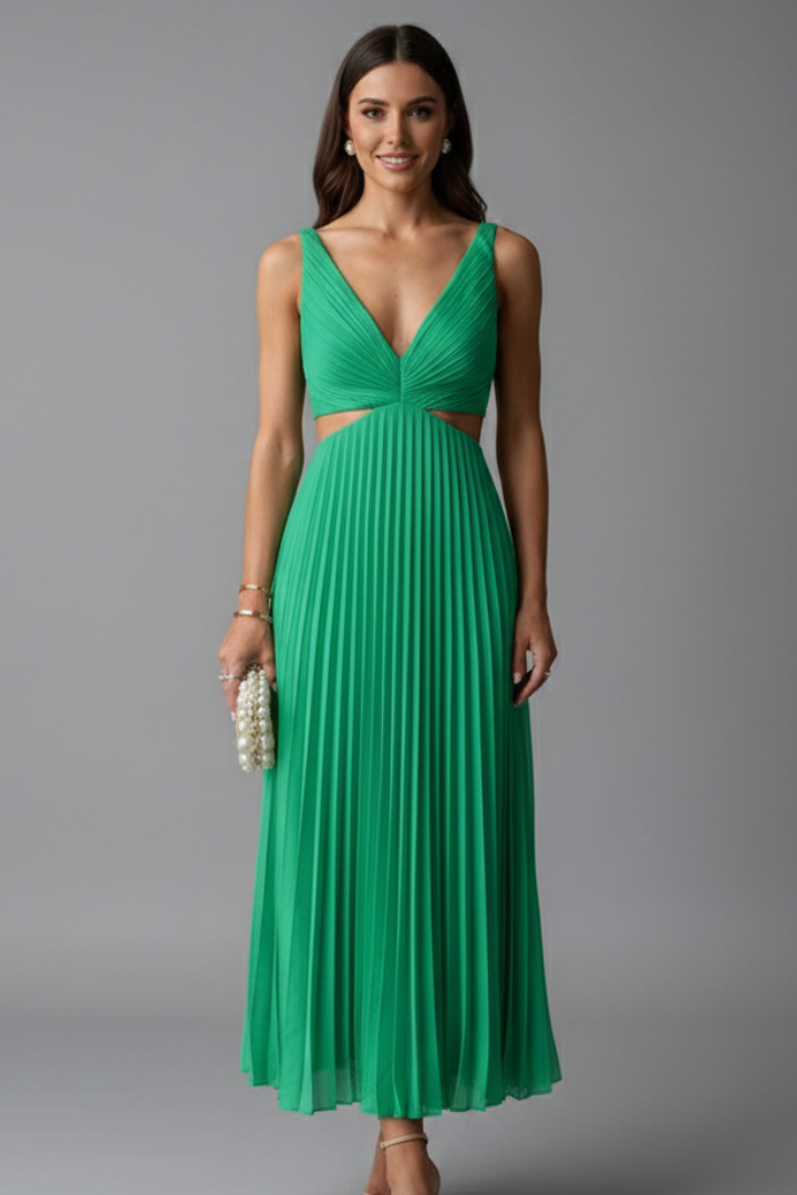 Women's Pleated Sleeveless V-Neck Dress