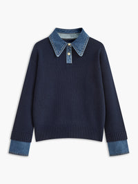 Women's Casual Ribbed Knit Sweater with Denim Collar