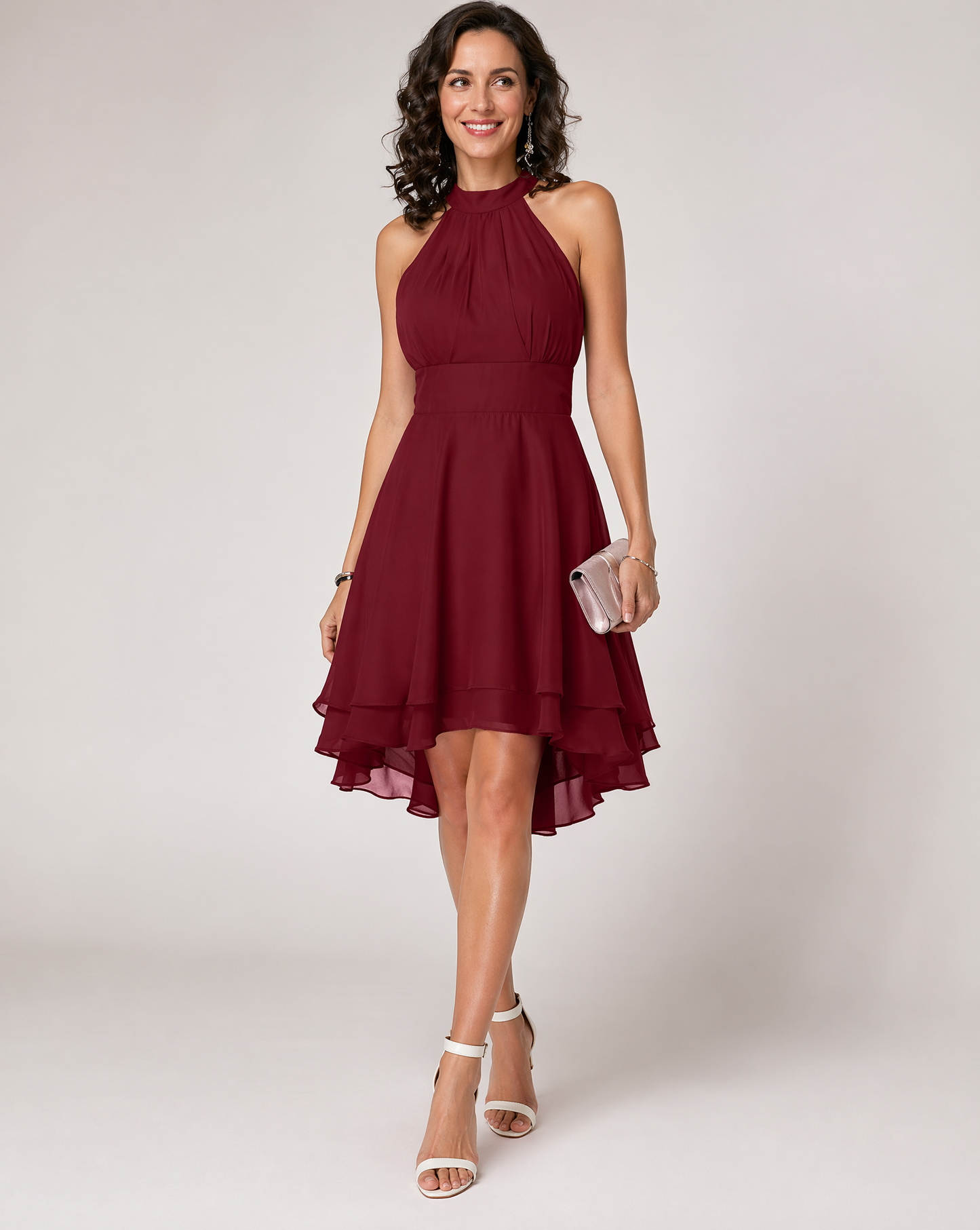 Women's Chiffon Halter Midi Dress | Elegant Tiered Cocktail Party Gown