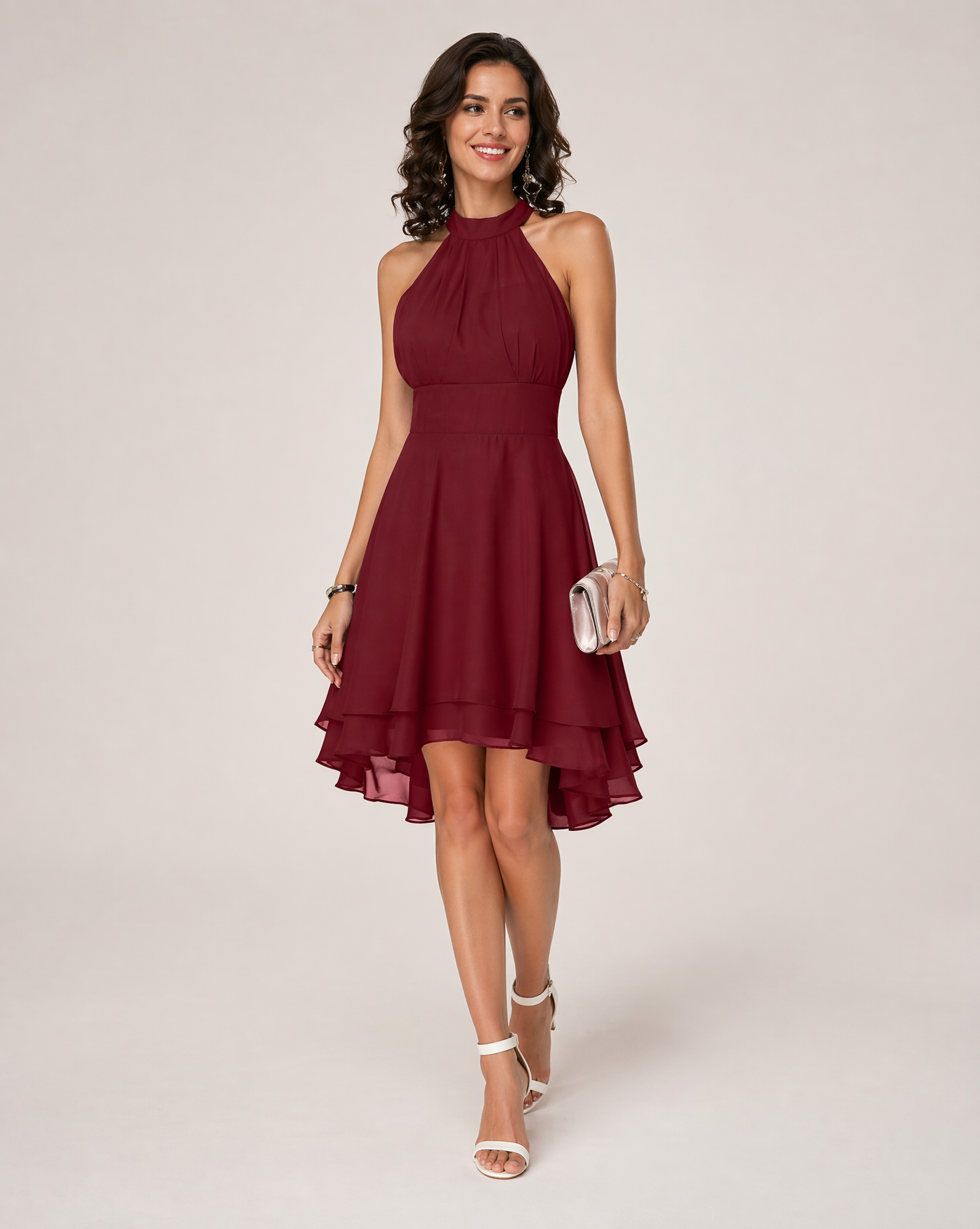 Women's Chiffon Halter Midi Dress | Elegant Tiered Cocktail Party Gown