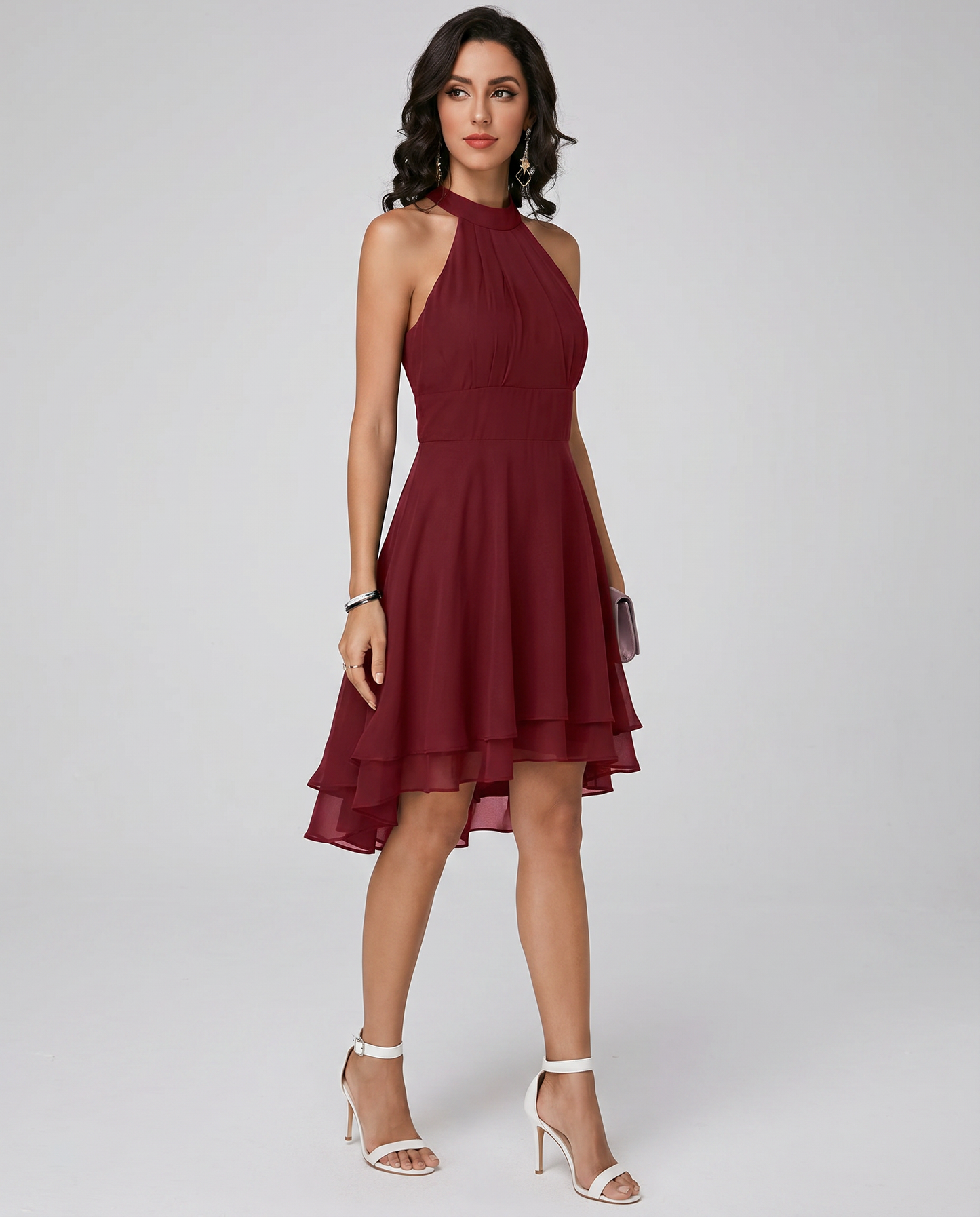 Women's Chiffon Halter Midi Dress | Elegant Tiered Cocktail Party Gown