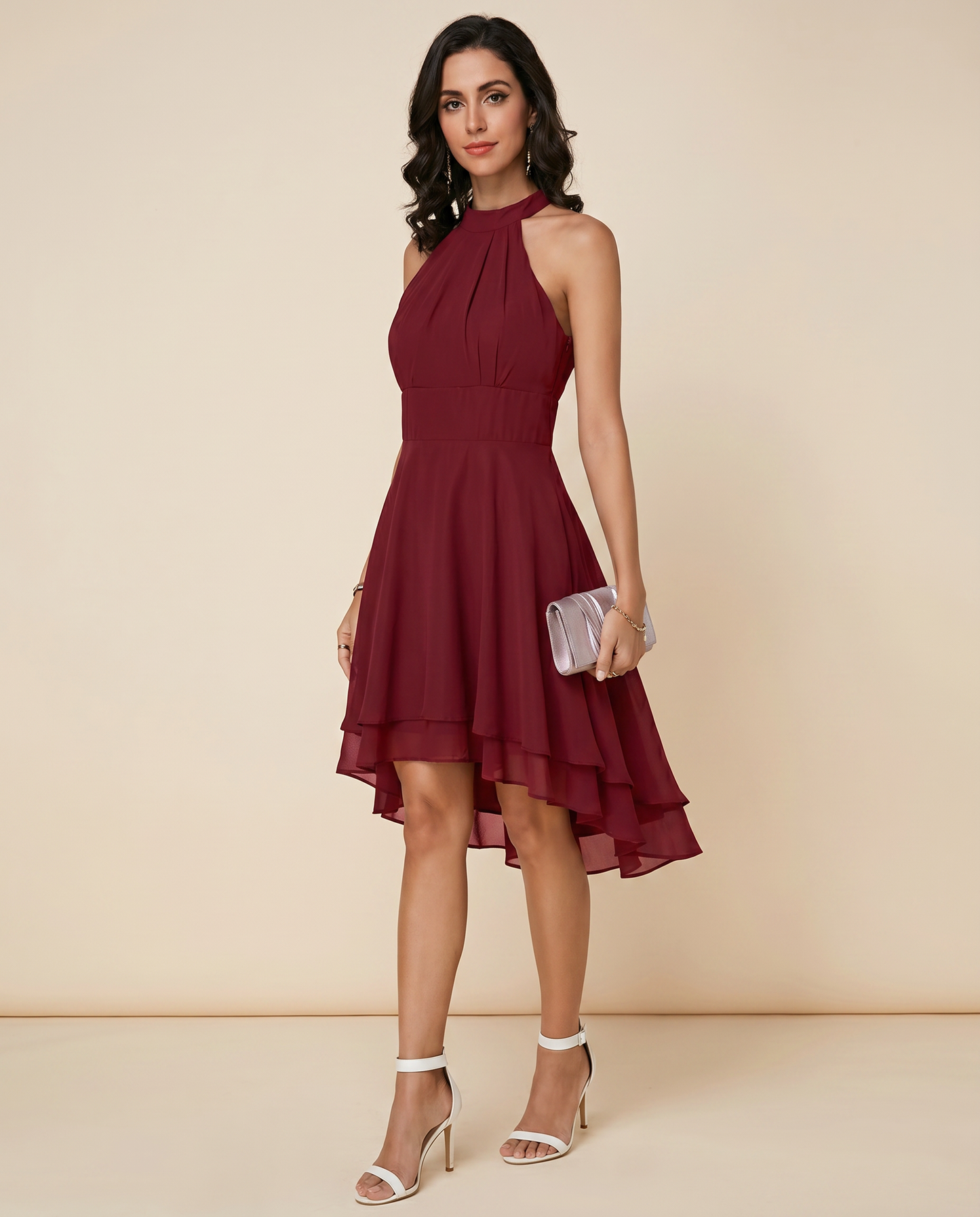 Women's Chiffon Halter Midi Dress | Elegant Tiered Cocktail Party Gown