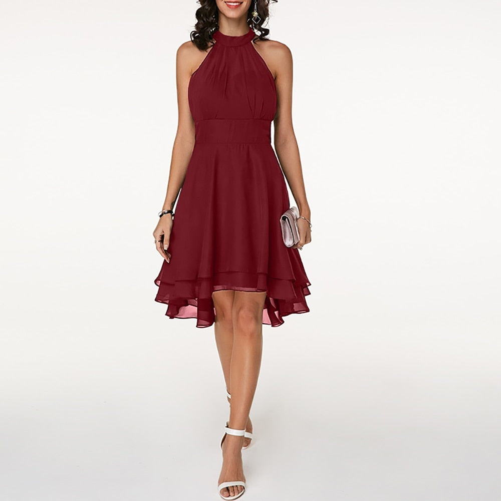 Women's Chiffon Halter Midi Dress | Elegant Tiered Cocktail Party Gown