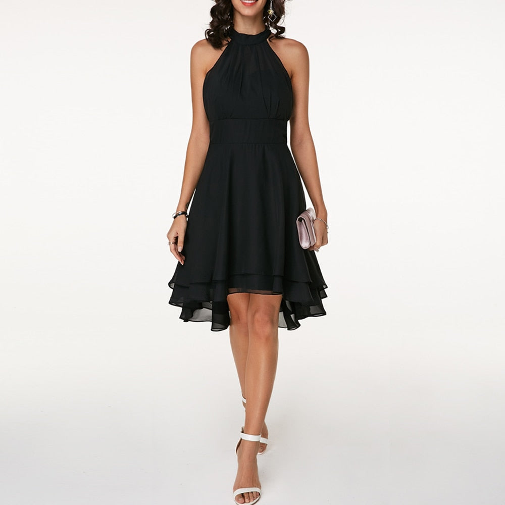 Women's Chiffon Halter Midi Dress | Elegant Tiered Cocktail Party Gown