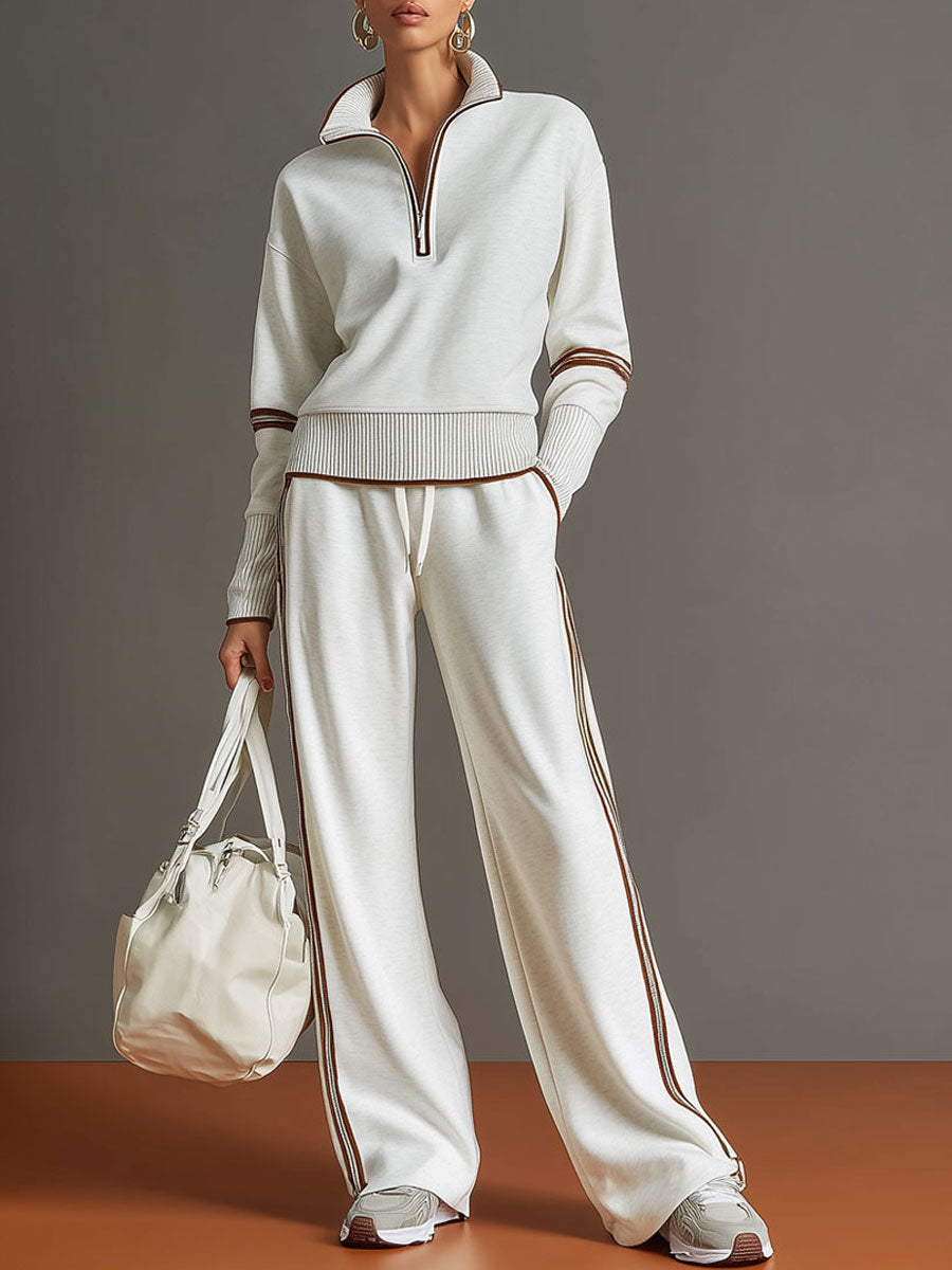 Women's Cotton-Blend Retro Sporty Set | Stylish Half-Zip Sweater and Wide-Leg Pants