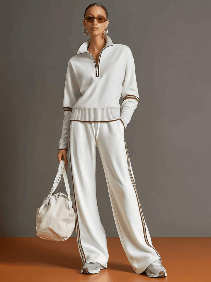 Completo sportivo retrò in misto cotone da donna | Maglione con mezza zip e pantaloni a gamba larga alla moda