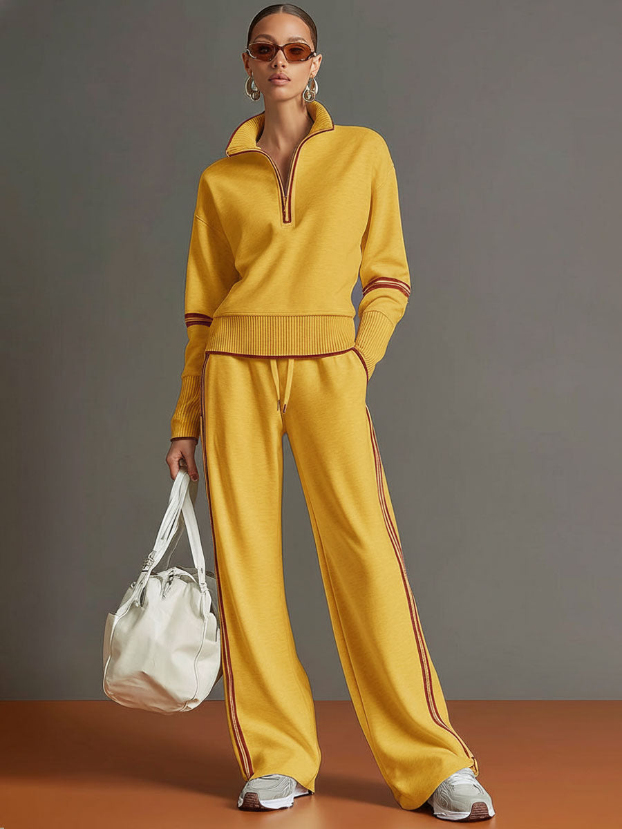 Women's Cotton-Blend Retro Sporty Set | Stylish Half-Zip Sweater and Wide-Leg Pants
