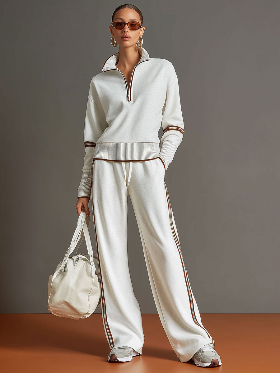 Women's Cotton-Blend Retro Sporty Set | Stylish Half-Zip Sweater and Wide-Leg Pants