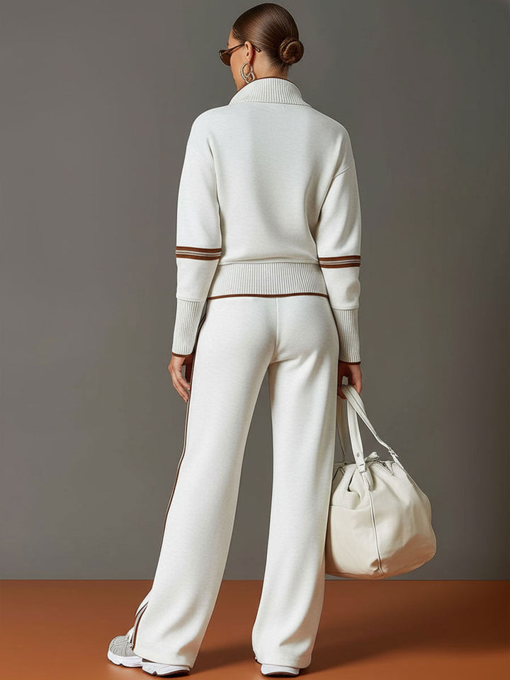 Completo sportivo retrò in misto cotone da donna | Maglione con mezza zip e pantaloni a gamba larga alla moda