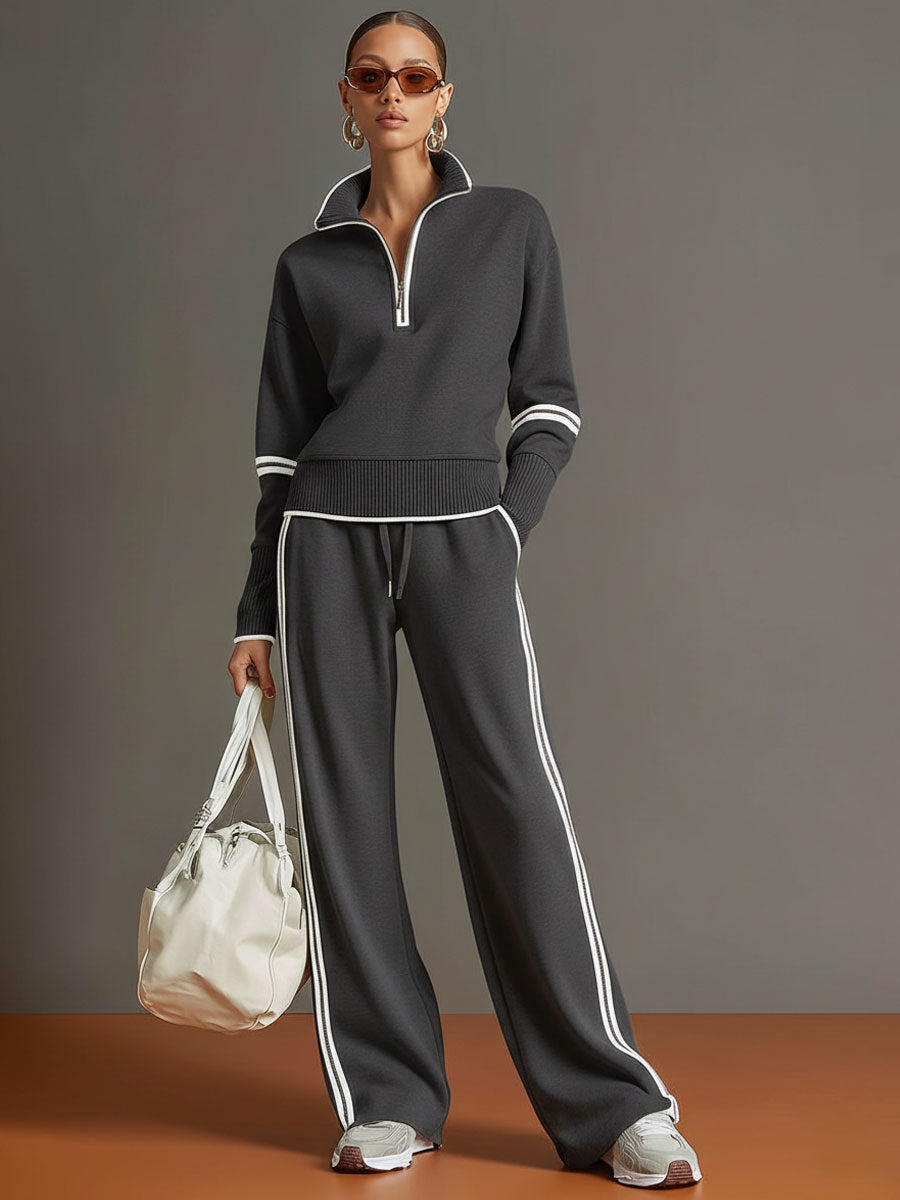 Women's Cotton-Blend Retro Sporty Set | Stylish Half-Zip Sweater and Wide-Leg Pants