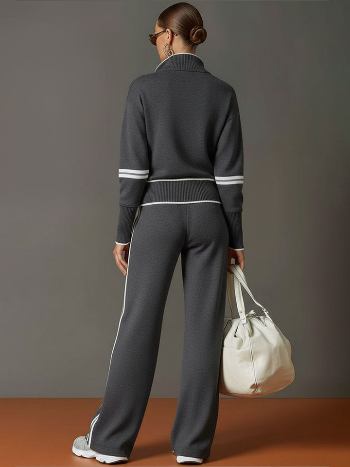 Completo sportivo retrò in misto cotone da donna | Maglione con mezza zip e pantaloni a gamba larga alla moda