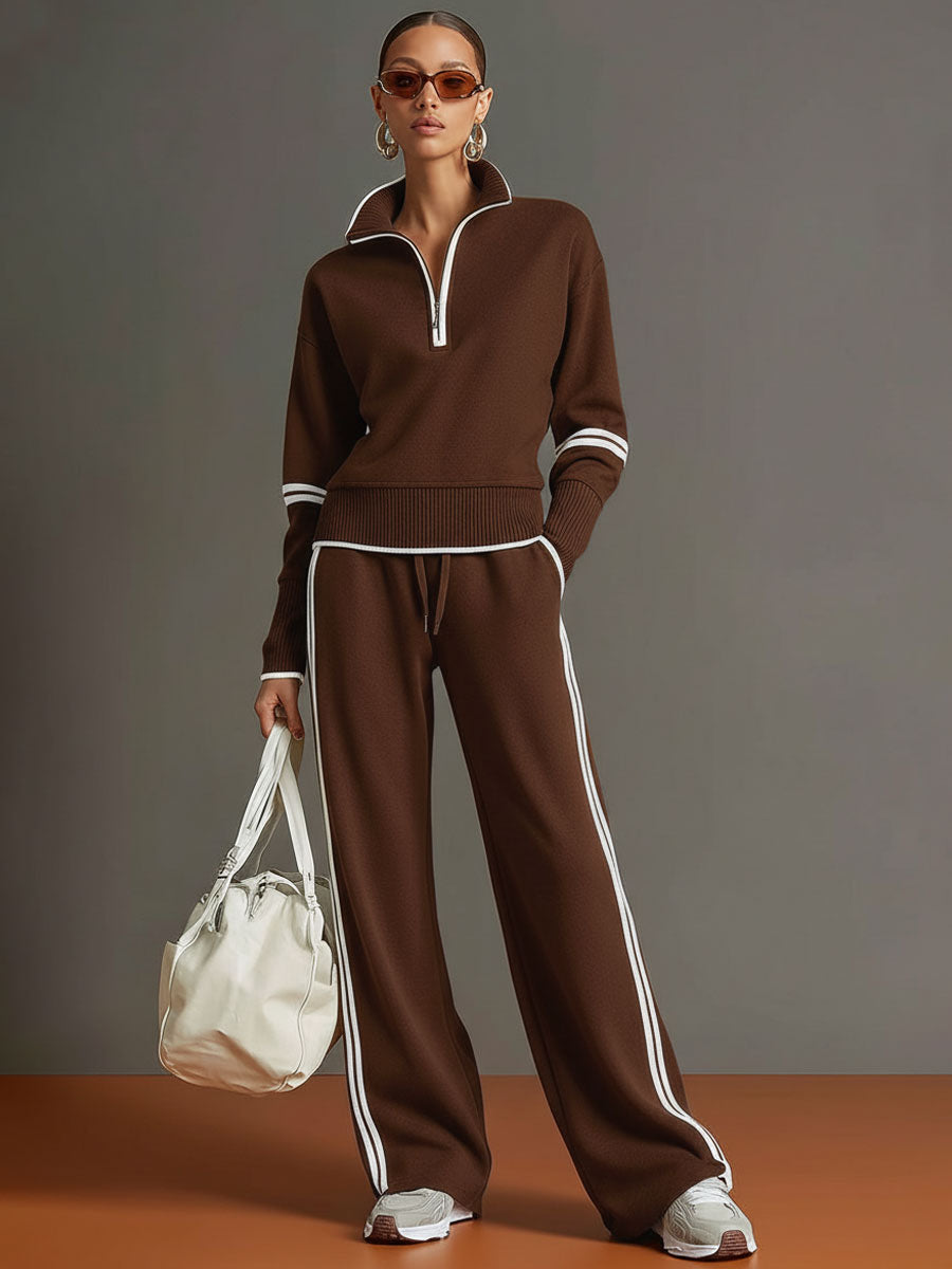 Women's Cotton-Blend Retro Sporty Set | Stylish Half-Zip Sweater and Wide-Leg Pants