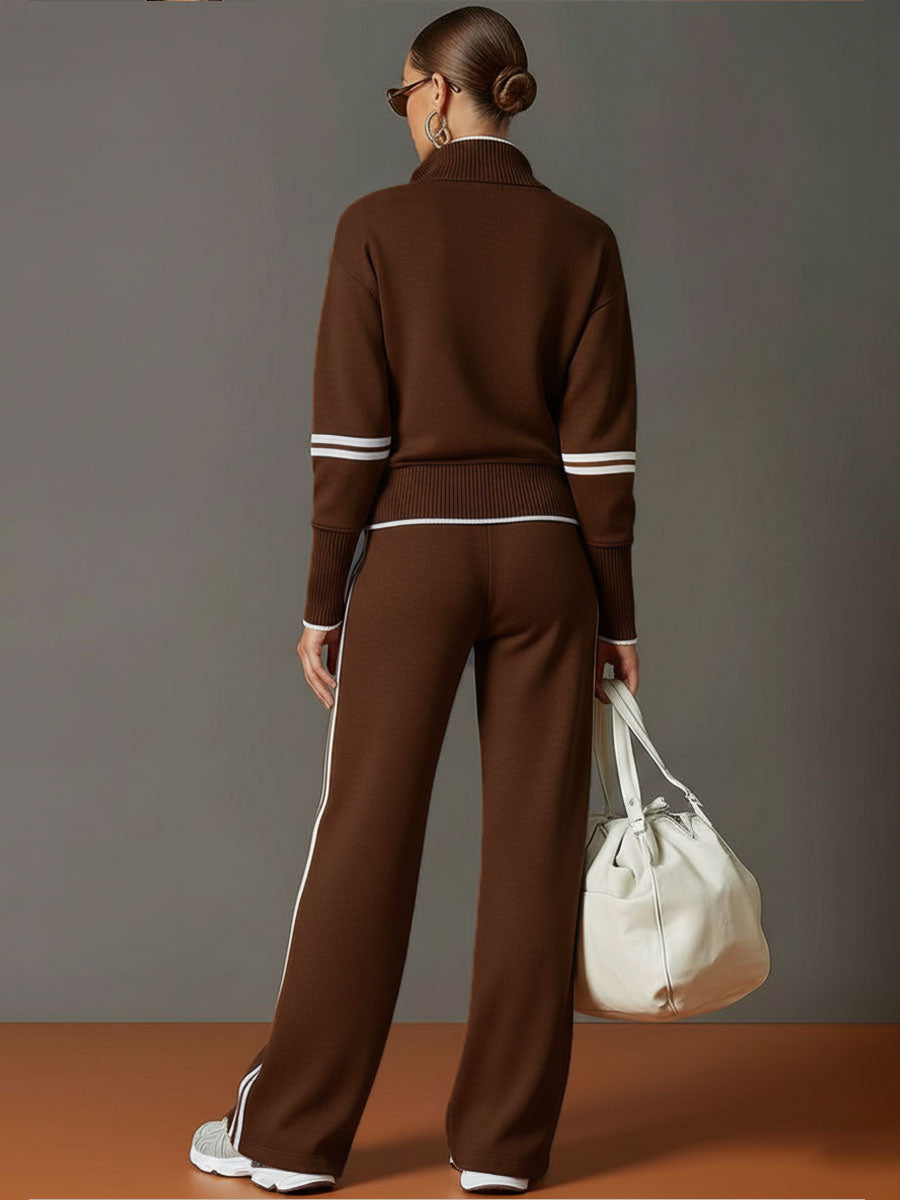 Completo sportivo retrò in misto cotone da donna | Maglione con mezza zip e pantaloni a gamba larga alla moda