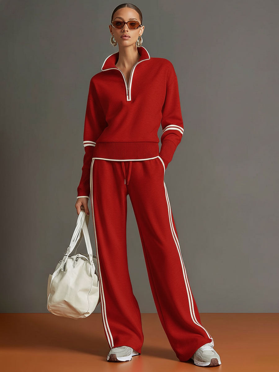 Completo sportivo retrò in misto cotone da donna | Maglione con mezza zip e pantaloni a gamba larga alla moda