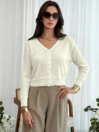 Women's Cropped Eyelet Knit Cardigan Sweater