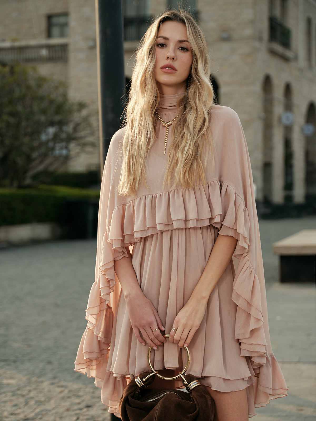 Women's Elegant Chiffon Ruffle Dress | Stylish Mock Neck Long Sleeve