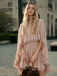 Women's Elegant Chiffon Ruffle Dress | Stylish Mock Neck Long Sleeve