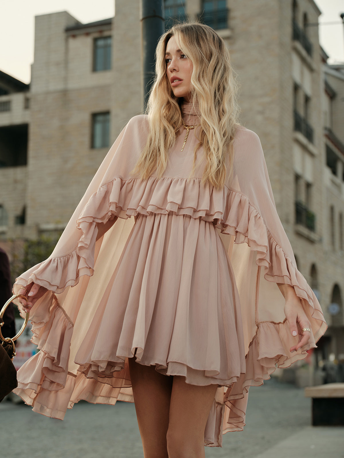 Women's Elegant Chiffon Ruffle Dress | Stylish Mock Neck Long Sleeve