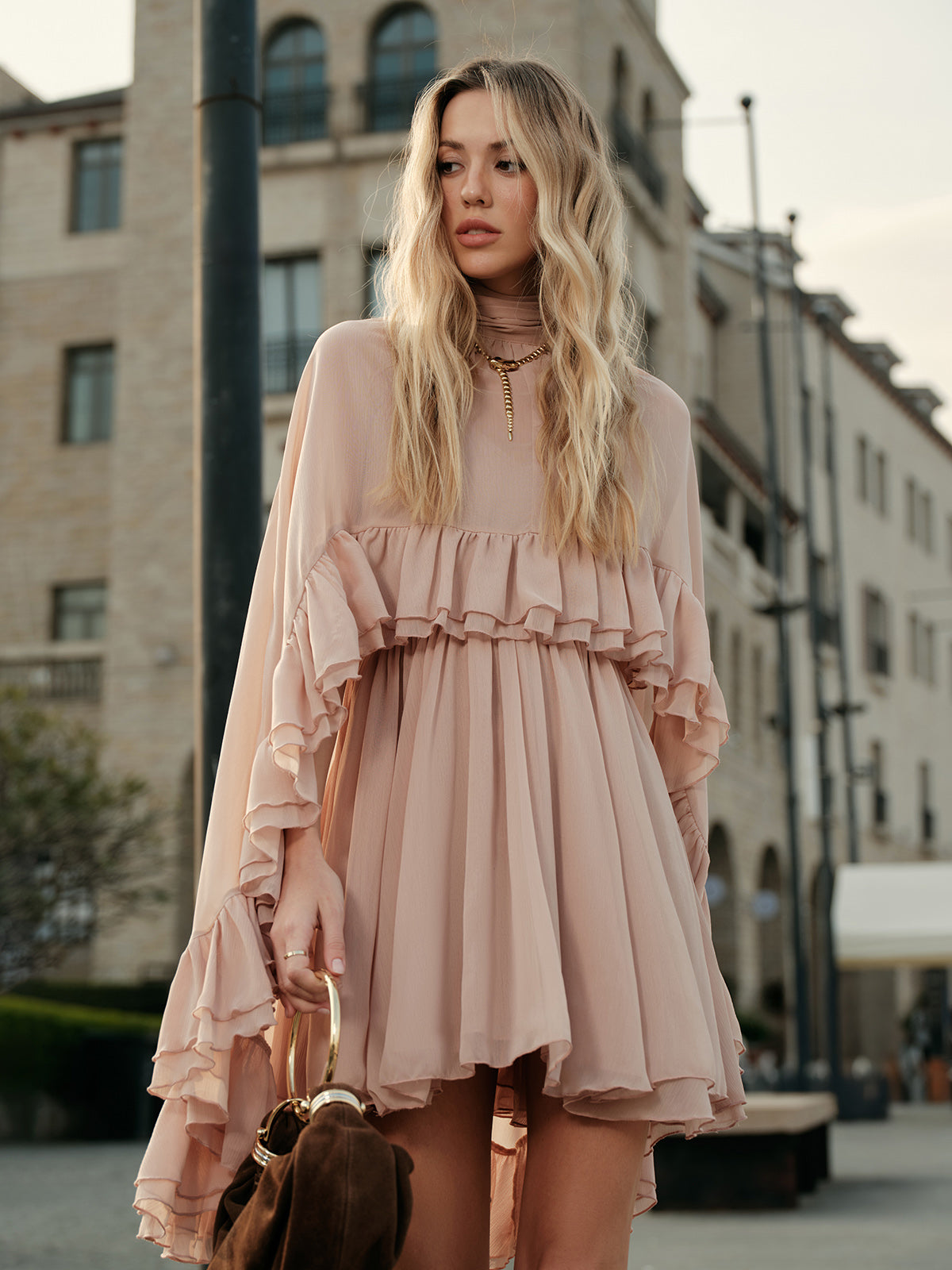 Women's Elegant Chiffon Ruffle Dress | Stylish Mock Neck Long Sleeve