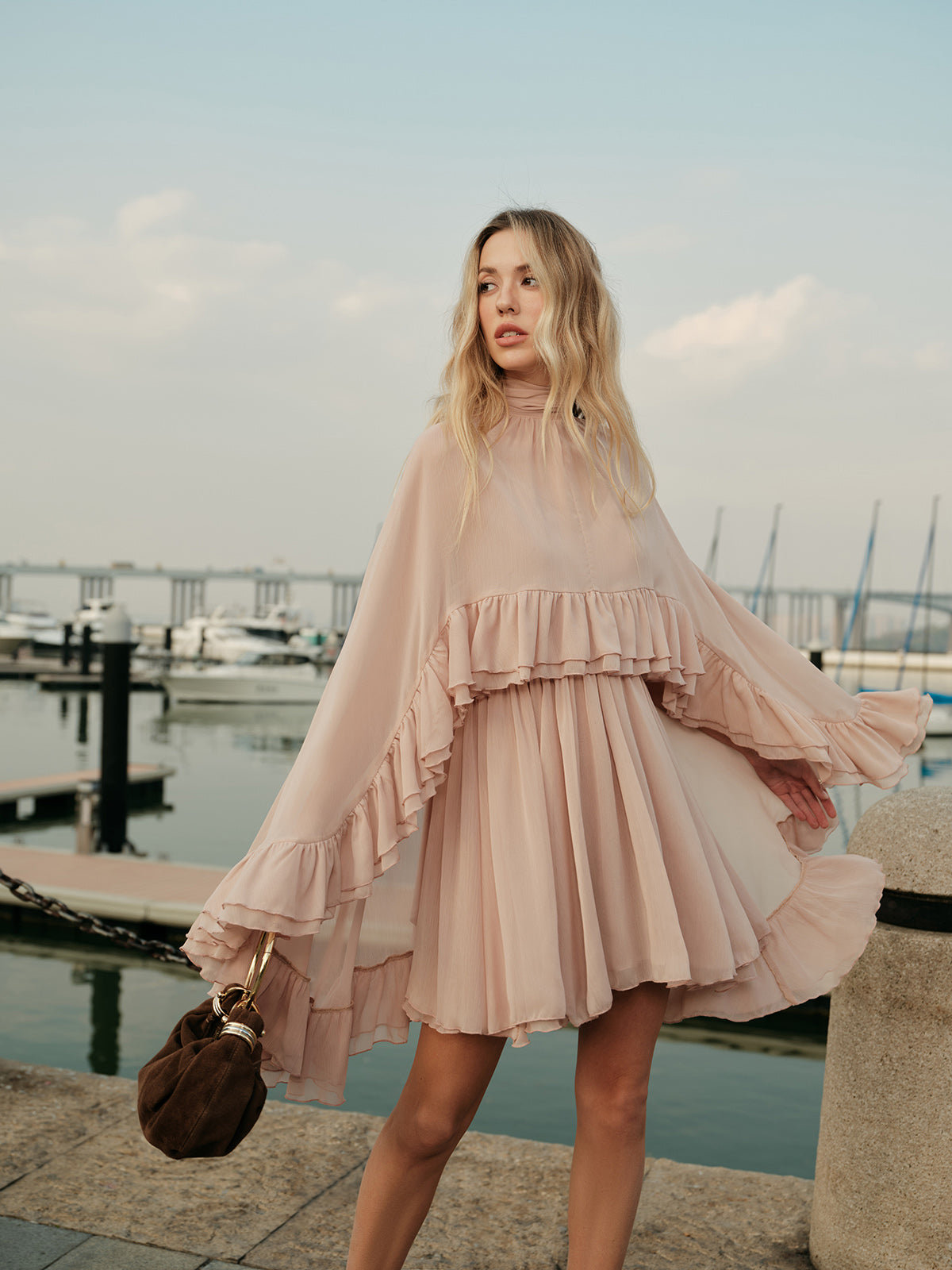 Women's Elegant Chiffon Ruffle Dress | Stylish Mock Neck Long Sleeve