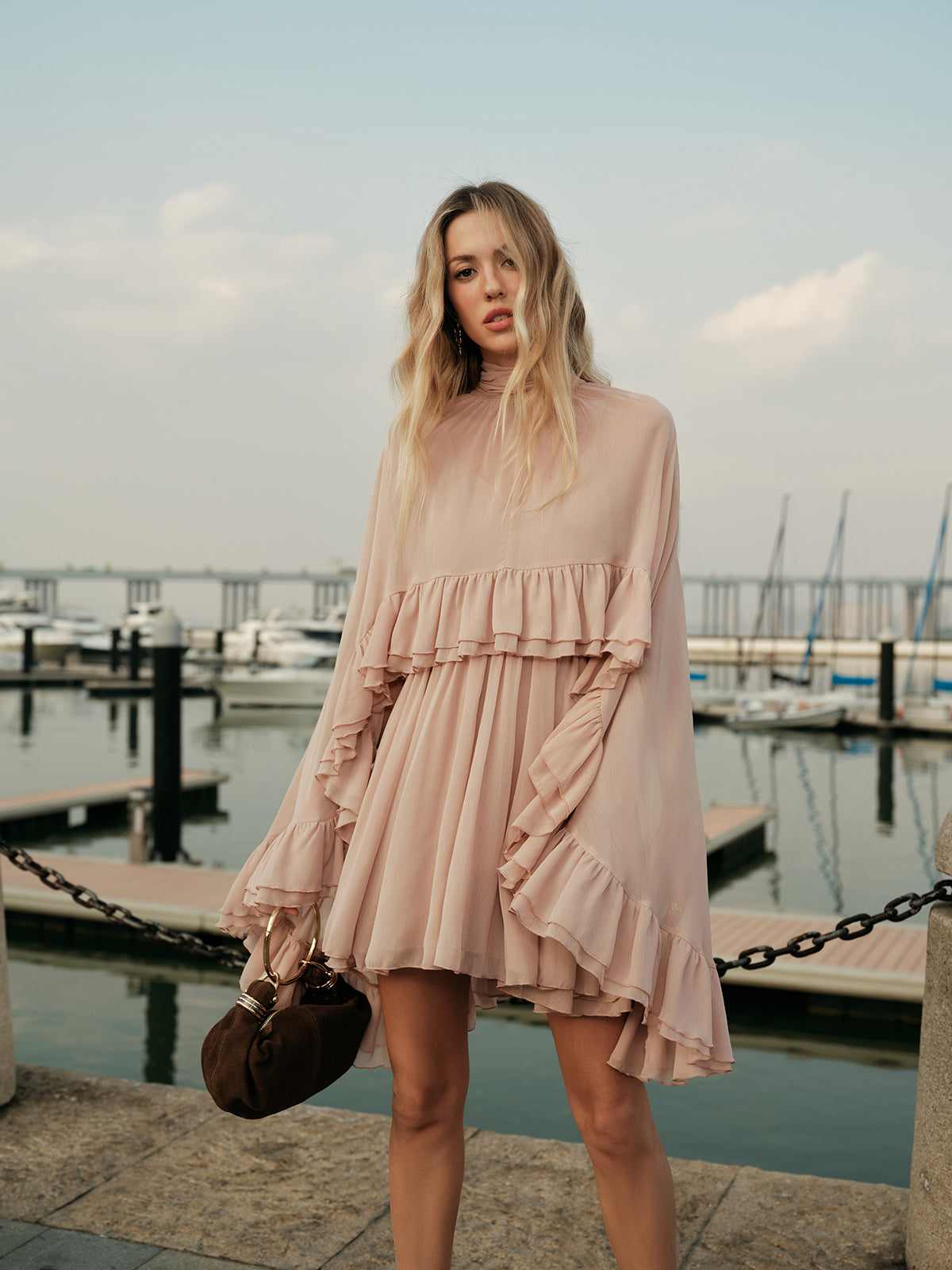 Women's Elegant Chiffon Ruffle Dress | Stylish Mock Neck Long Sleeve