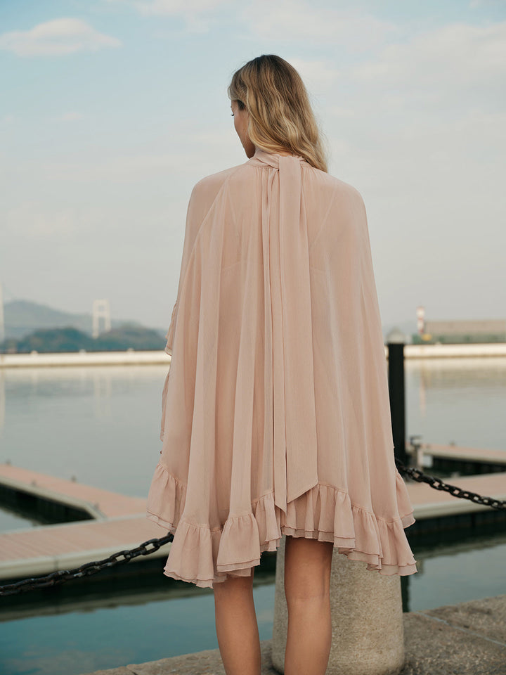 Abito elegante da donna in chiffon con volant | Stile raffinato con collo alto e maniche lunghe