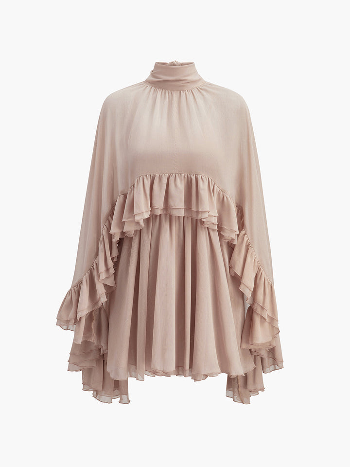 Abito elegante da donna in chiffon con volant | Stile raffinato con collo alto e maniche lunghe