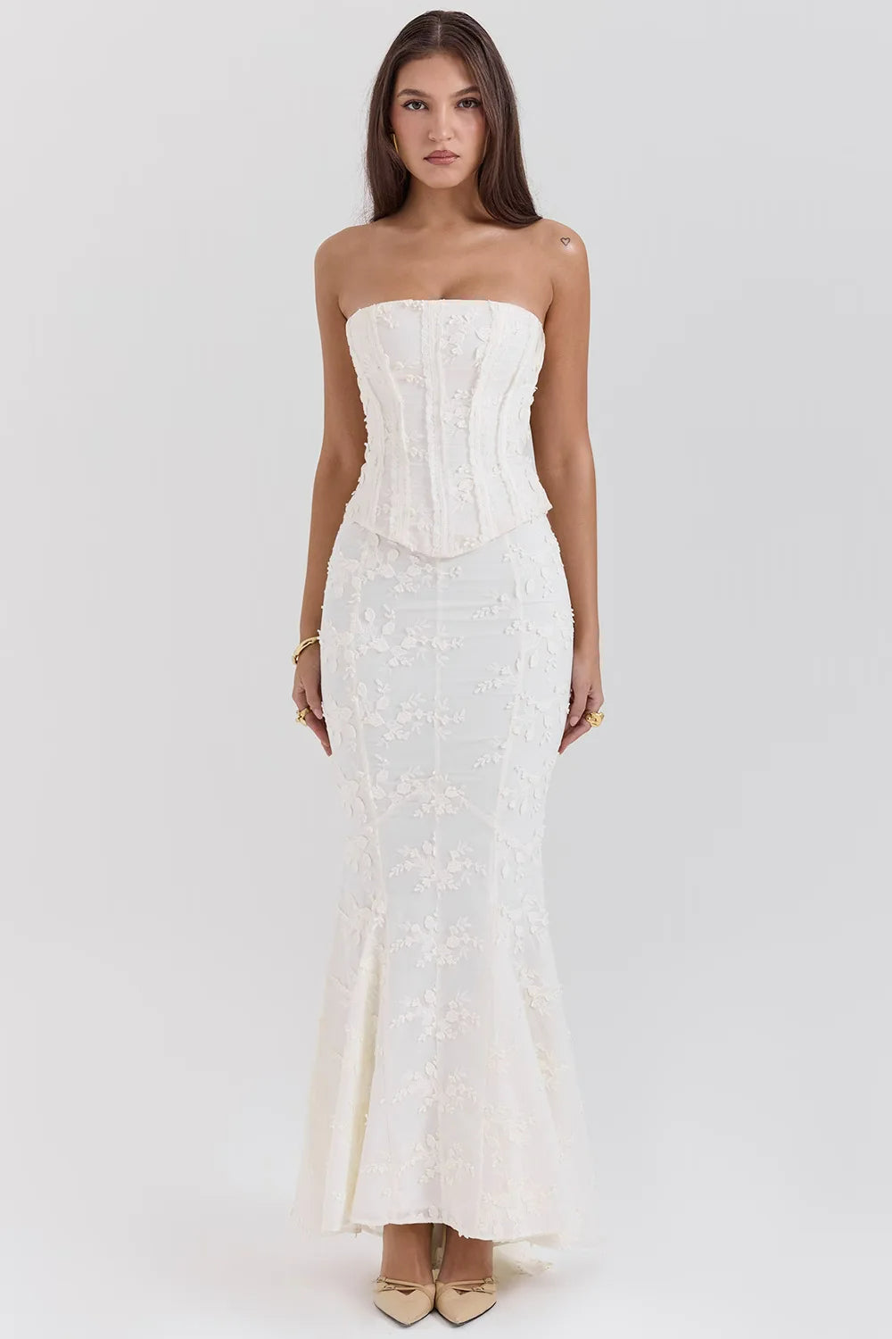 Maxi abito elegante ricamato da donna | Abito da sera formale a sirena senza spalline