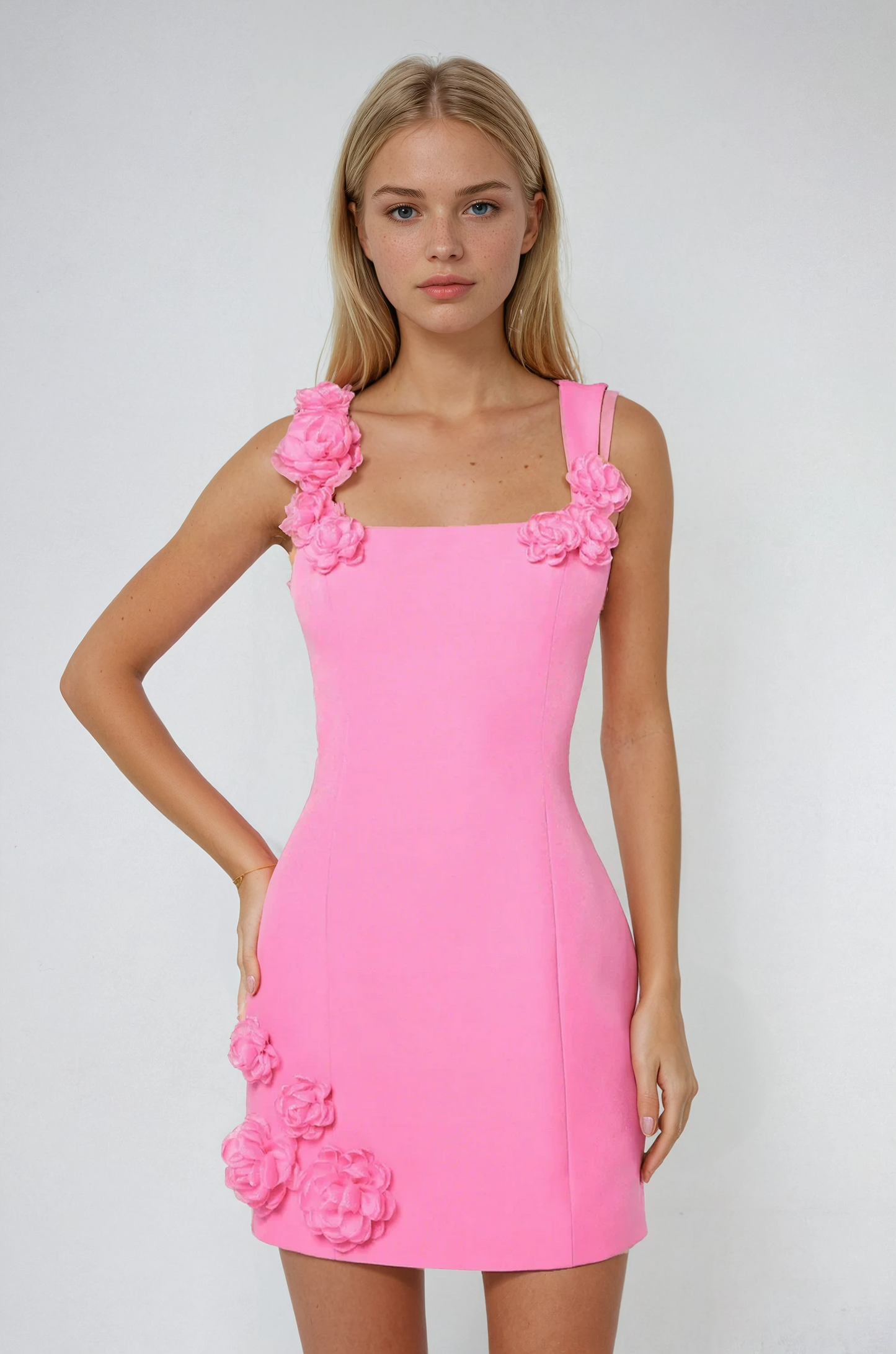 Women's Floral Appliqué Mini Dress | Playful Pink Summer Cocktail Attire