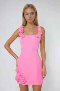 Women's Floral Appliqué Mini Dress | Playful Pink Summer Cocktail Attire