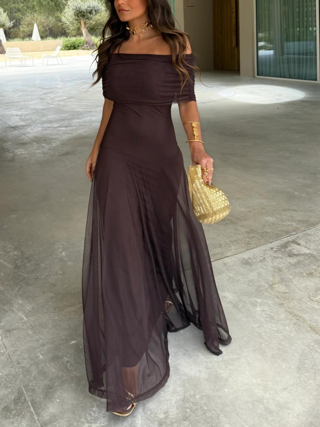 Women's Flowing Chiffon Maxi Dress | Elegant Off-Shoulder Evening Gown