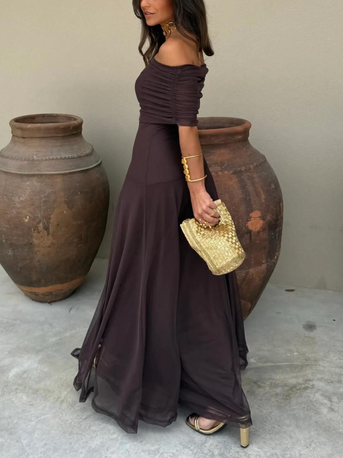 Women's Flowing Chiffon Maxi Dress | Elegant Off-Shoulder Evening Gown
