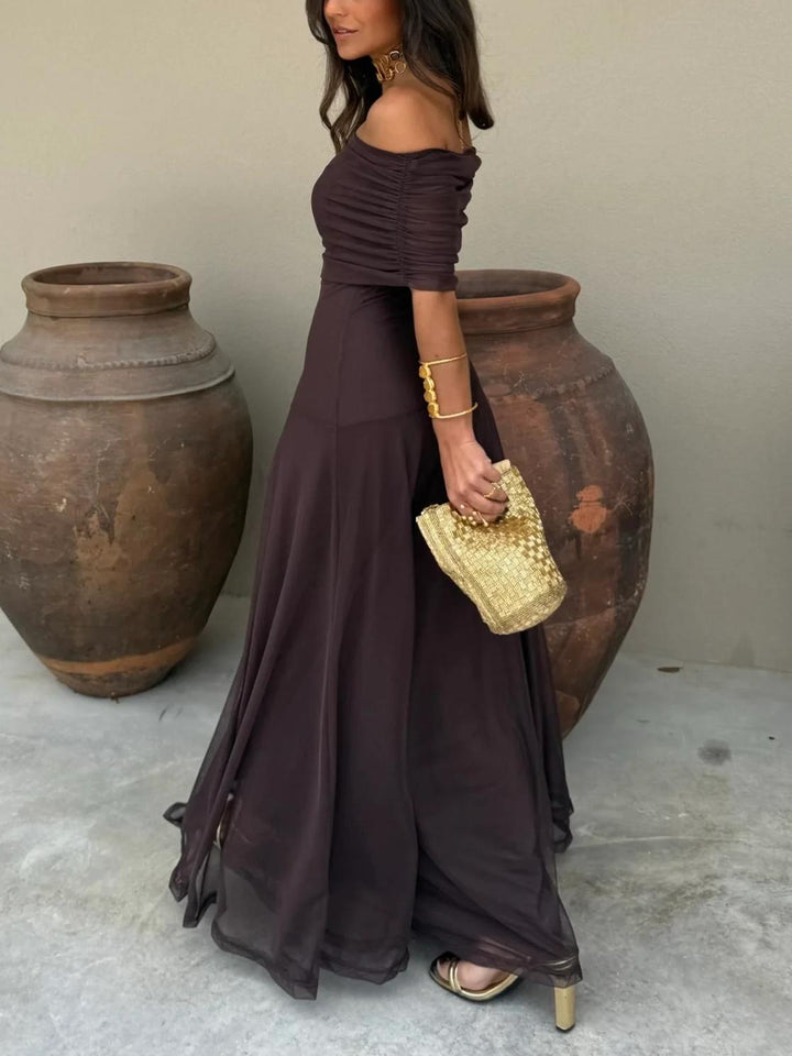 Abito maxi fluente in chiffon da donna | Elegante abito da sera con spalle scoperte