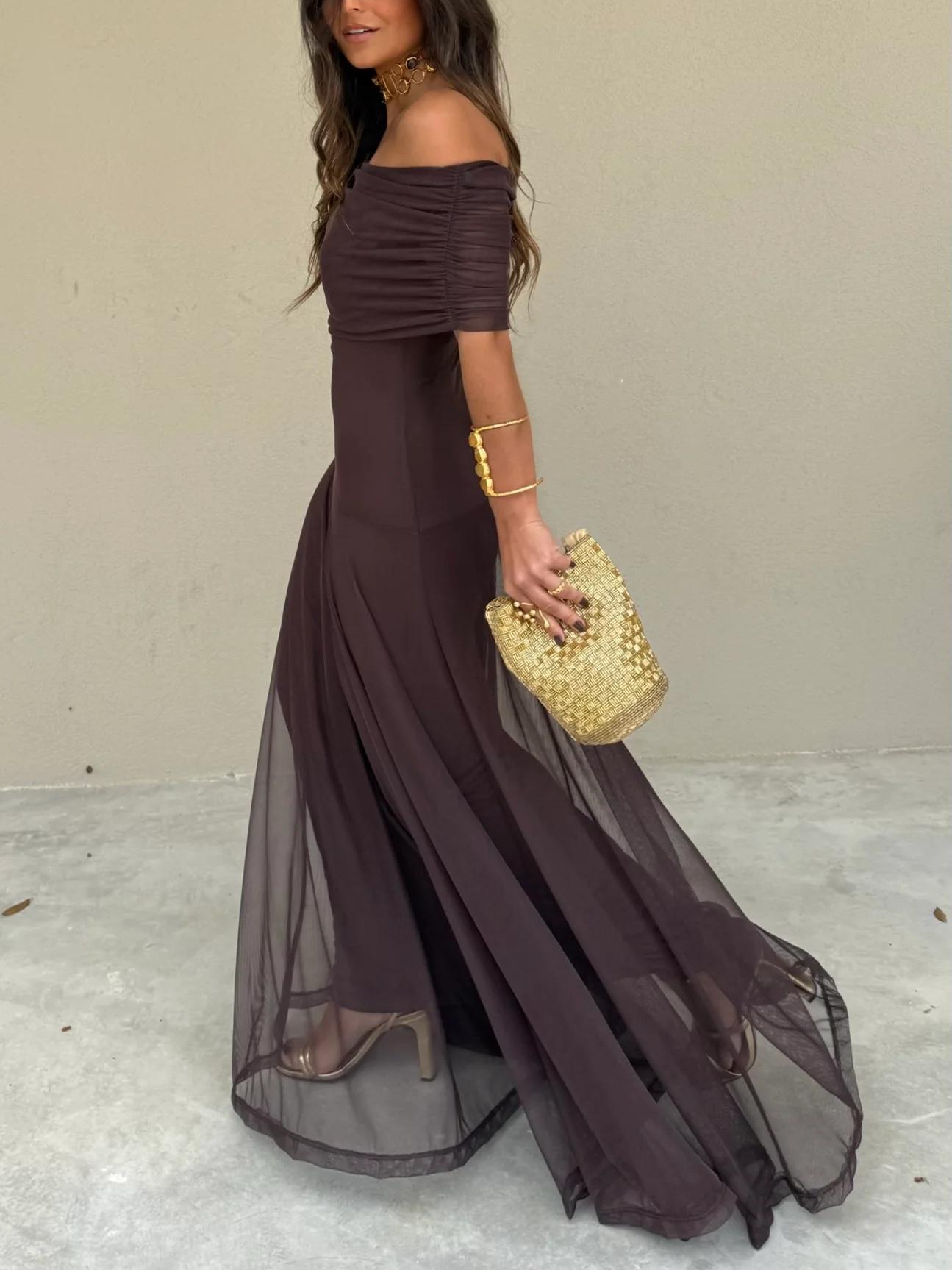 Women's Flowing Chiffon Maxi Dress | Elegant Off-Shoulder Evening Gown