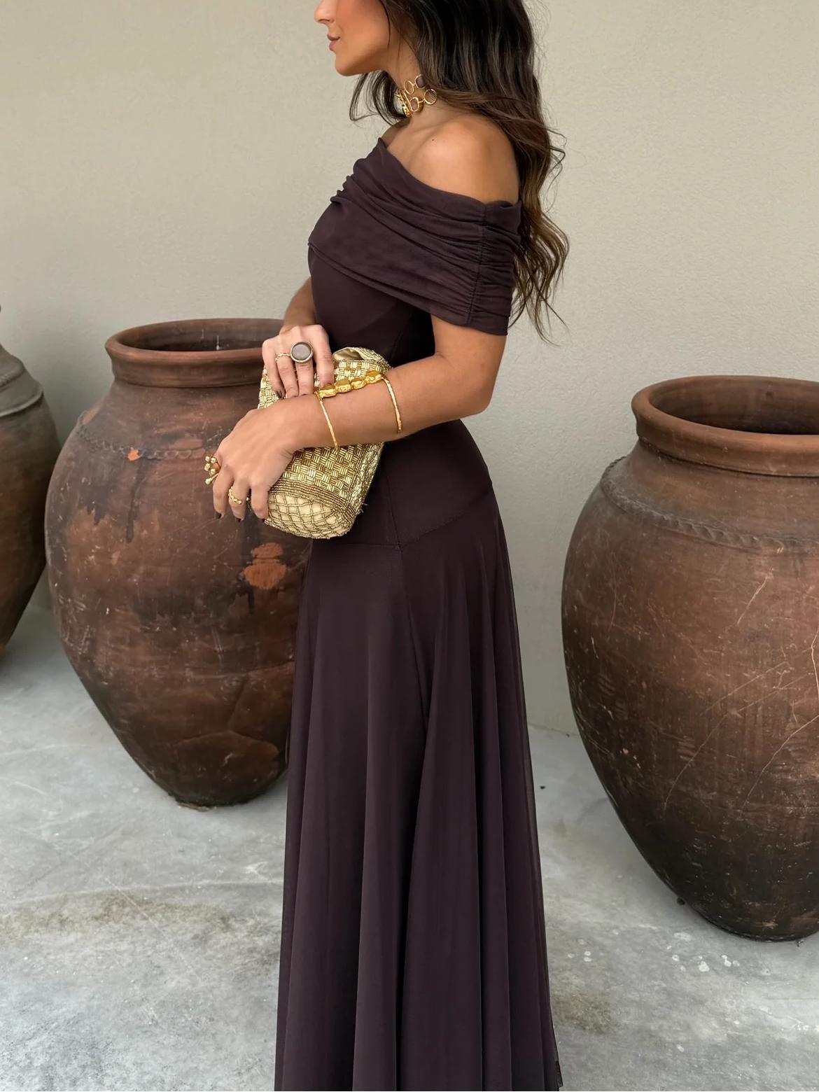 Women's Flowing Chiffon Maxi Dress | Elegant Off-Shoulder Evening Gown