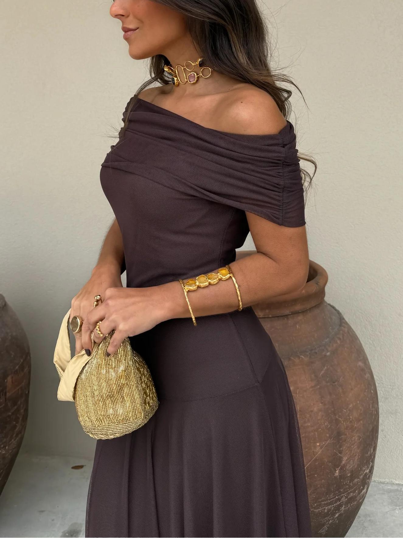 Women's Flowing Chiffon Maxi Dress | Elegant Off-Shoulder Evening Gown