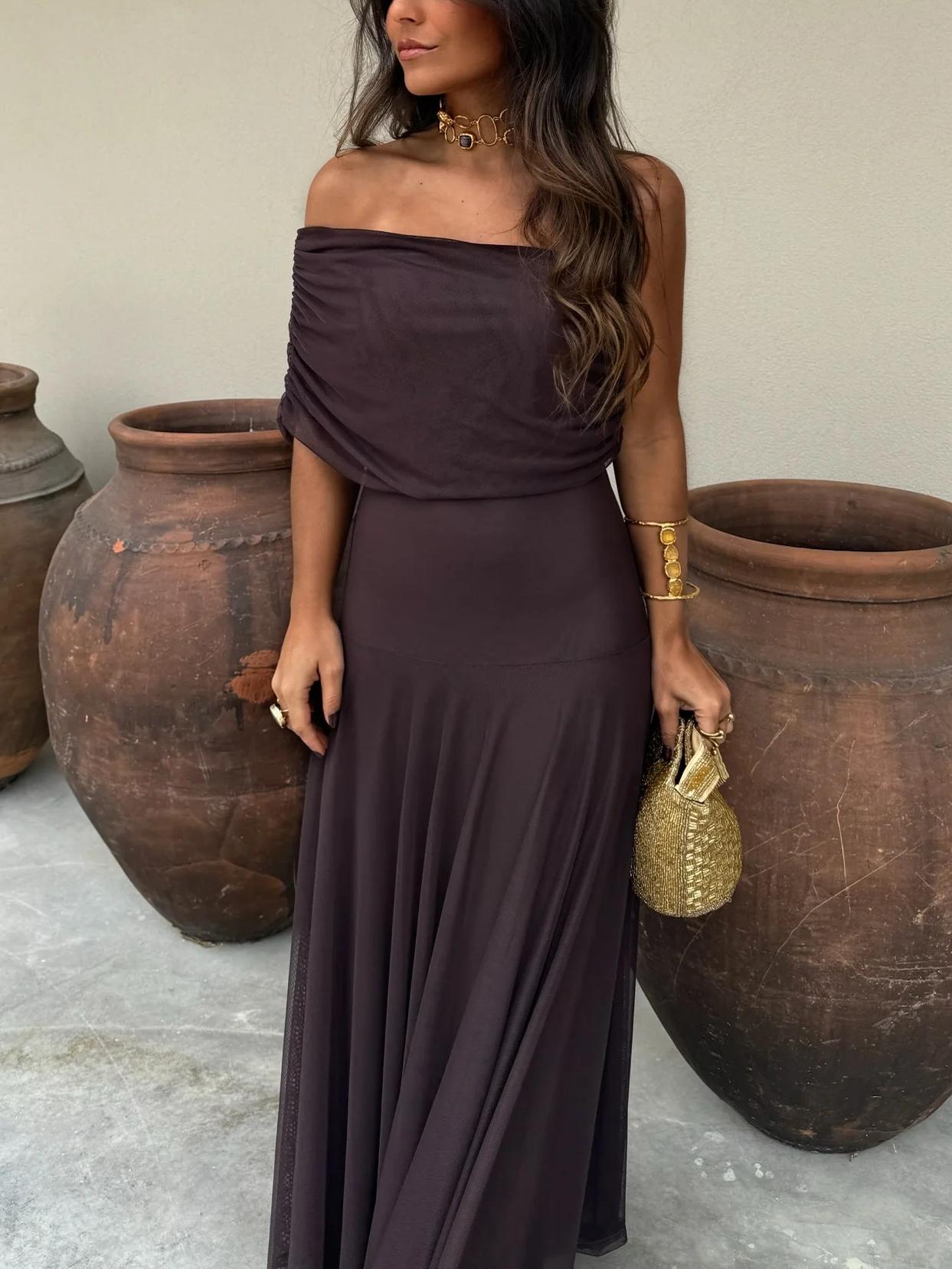 Women's Flowing Chiffon Maxi Dress | Elegant Off-Shoulder Evening Gown