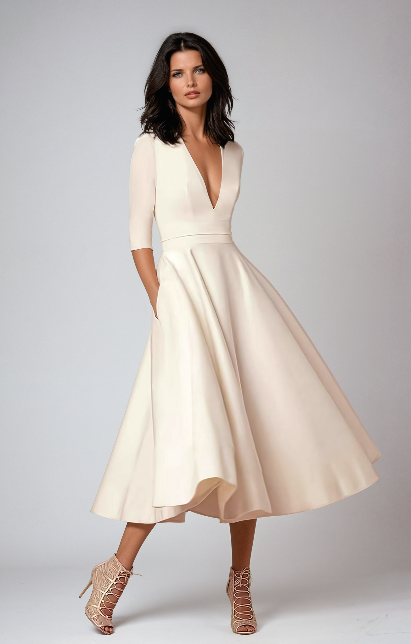 Women's High-Quality White Midi Dress | Elegant Retro-Inspired A-Line Cocktail Dress