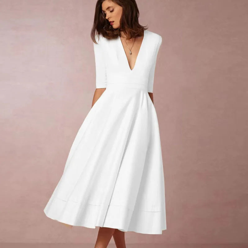 Women's High-Quality White Midi Dress | Elegant Retro-Inspired A-Line Cocktail Dress