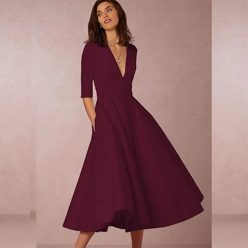 Abito midi bianco di alta qualità da donna | Elegante abito da cocktail a-line ispirato al retrò