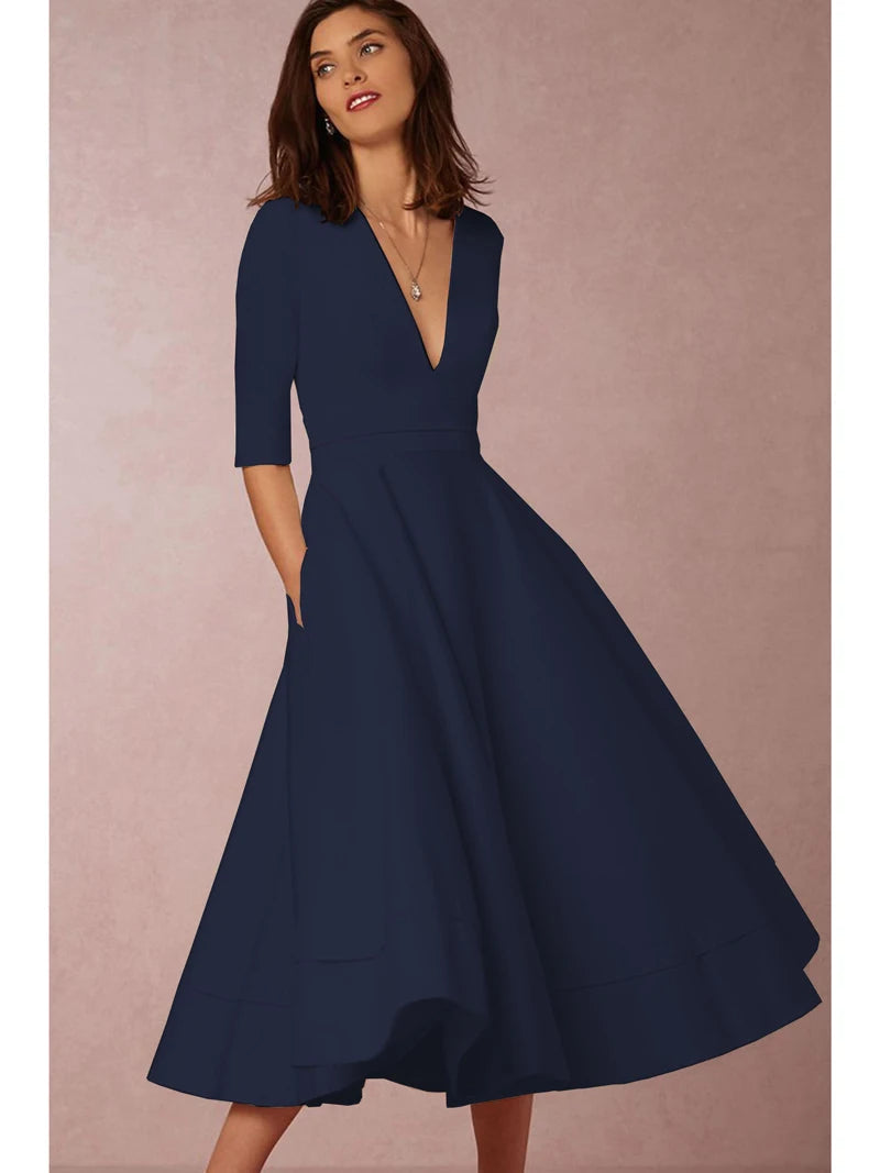 Women's High-Quality White Midi Dress | Elegant Retro-Inspired A-Line Cocktail Dress